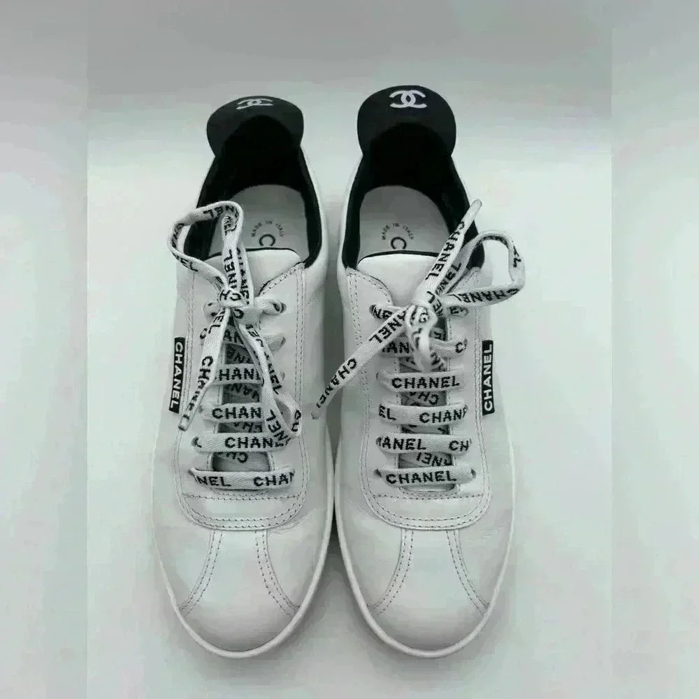 Chanel White Leather Casual Sneakers: Women's Size 36.5 Logo Laces CC